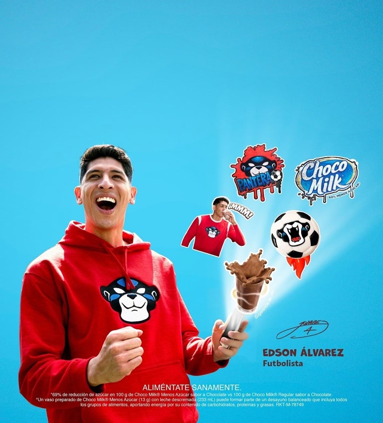 Campaña de Choco Milk con Edson Álvarez y stickers promocionales.